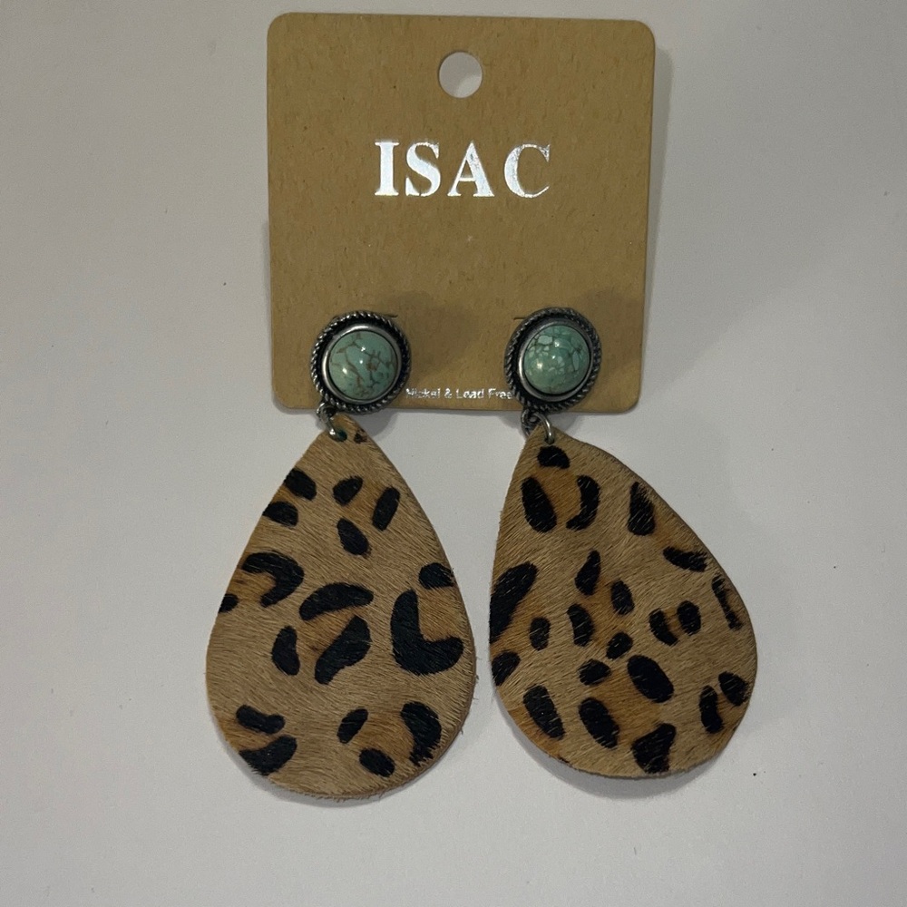 ISAC Leopard Print & Turquoise Lightweight Teardrop Earrings - Picture 3 of 4